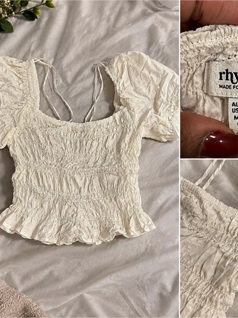 rhythm Smocked Crop Top in White Size Medium Like New